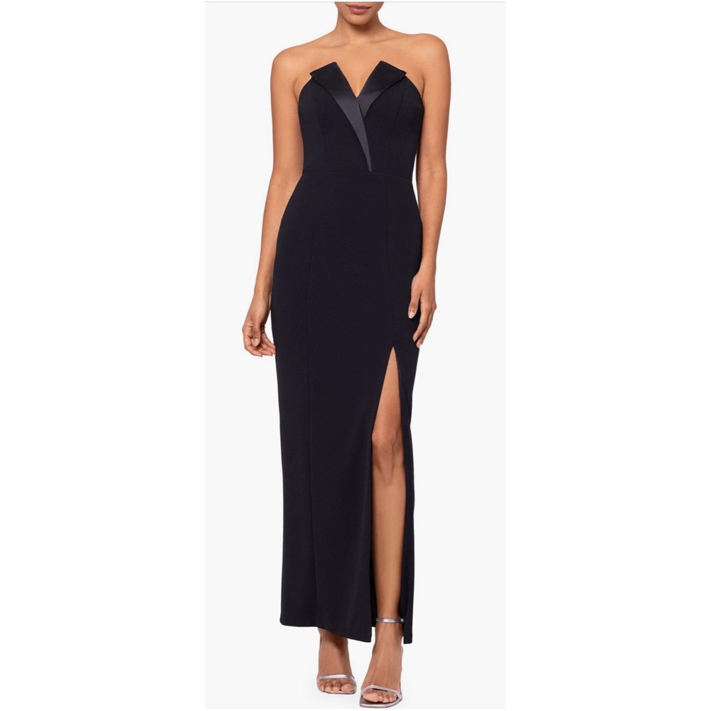 // betsy & adam tux detail strapless column gown //